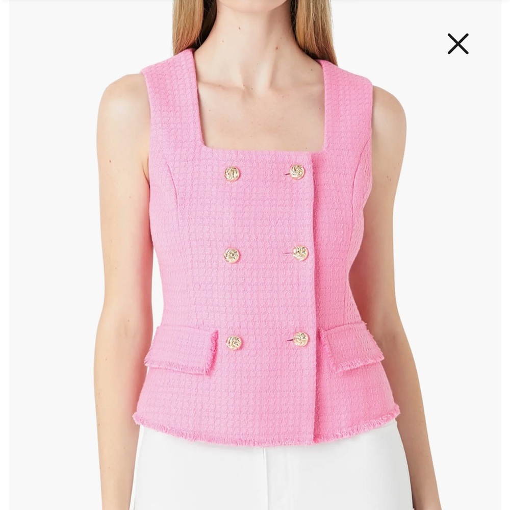 Endless Rose Pink Fringe Double Breasted Sleeveless Tweed Top